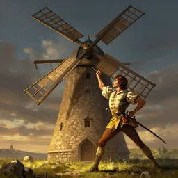 dom quixote fighting a giant windmill, digital art, artstation, dramatic lighting