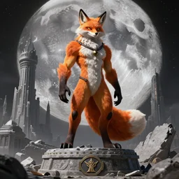 male anthro anthropomorphic human like fox demon alien creature monument stands on the fallen moon empire,