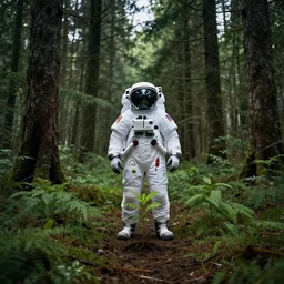 american astronaut in the forest, plants environment, wide angle, cinematic lighting, atmospheric, realistic, octane render, highly detailed, color graded, in the style of craig mullins
