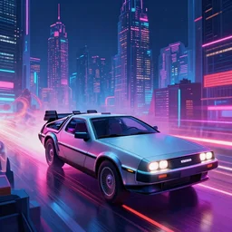 “delorean in a cyberpunk city with skyscrapers, art station award winner, digital art, ray trace, vibrant, neon colors”