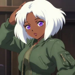 anime poster film still portrait, black young woman, black skin colour, large, purple eyes!!!, white french bob, green green green bomber jacket, detailed facial features, dynamic pose, cute face by ilya kuvshinov, yoh yoshinari, makoto shinkai, rimlight, cel shaded, 4 k