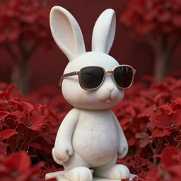 rabbit groot as marble statue, big sunglasses, in red gardens, soft surface texture, very realistic 3 d render, soft sun lights, 4 k, high detailed photography result, 5 0 mm lens, rich deep colors, smooth gradients, depth of field, cinematic, hyper realism, high detail, octane render, unreal engine, 8 k, vibrant red colors