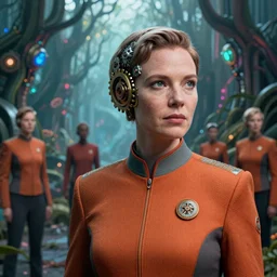 35mm portrait of 7 of 9 borg on the background of a weird magical mechanical forest. Round gears visible inside her hear. Very detailed 8k. Fantasy cyberpunk horror. Sharp. Unreal 5 render with nanite, global illumination and path tracing. Cinematic post-processing