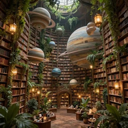 professional digital art of an infinite library filled with floating ringed planets, fancy library, cozy, lanterns, nature, plants, vines, fantasy, high quality, hd, 4 k, 8 k