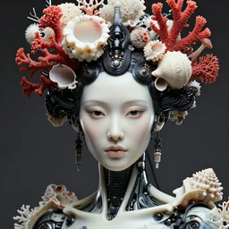 hyper detailed ultra sharp portrait of a beautiful fashionable porcelain well contoured ivory fair smooth deep cyberpunk scifi mechanoid, up close shot, black eyes, sharp focus, global illumination, radiant light, intricate sophisticated black large haute couture coral seashells flower headdress made of white sponge red corals, brackets, mushrooms, puffballs, rhizomorphs, alexandre ferra, irakli nadar, octane render, 4 k, ultra hd,