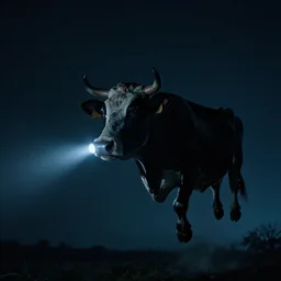 a cow flying at night, flashlight, creepy, cinematic dramatic atmosphere, smooth, sharp focus, cinematic shot, movie scene, horror movie