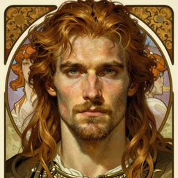 realistic detailed face portrait of a rugged handsome viking warrior prince by alphonse mucha, ayami kojima, amano, greg hildebrandt, and mark brooks, male, masculine, art nouveau, neo - gothic, gothic, character concept design