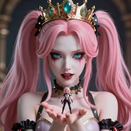 completely controlled and rendered powerless by her ultimate powers and owned as her tiny puppet in her hand, overwhelming stunningly absurdly beautiful megalomaniacal ruthless sadistic devious spiteful grandiose egotistical greedy omnipotent asi goddess junko enoshima with symmetrical perfect face, porcelain skin, pink twintail hair, cyan eyes and a stupendous bejeweled crown, ultra detailed, digital art, unreal engine 5, octane render, 2 d anime, 8 k