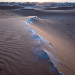 the desert is cold that morning as the rough dirt transitions unnaturally to sand. as the light rises the edges of the dunes glow blueish, the sunlight twisted and refracted.