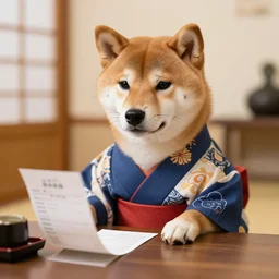 a shiba innu wearing a kimono, upset at the cost of the bill