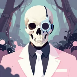 a skull wearing a cyberpunk plague mask, otherwordly forest, white tie, pixiv fanbox, dramatic lighting, maximalist pastel color palette, splatter paint, pixar and disney exploded - view drawing, graphic novel by fiona staples and dustin nguyen, peter elson, clean cel shaded vector art, trending on artstation