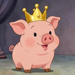 a pig wearing a gold crown in the style of Chuck Jones