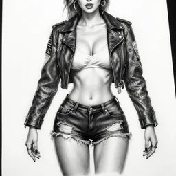 sasha rose as a tattooed armored pinup, wearing scratched and ripped leather shorts and a short jacket full of stamps and stitches, character sheet, fine details, concept design, contrast, brigitte bardot, kim jung gi, greg rutkowski, trending on artstation, 8 k, full body, turnaround, front view, back view, ultra wide angle, in white stockings and white underwear
