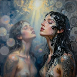two female bodies melting liquid acrylic painting abstract in glass and black latex fluid, female face, woman body, hypperrealistic, bokeh, long exposure, close up portrait, fantasy concept art, epic light, clouds, god rays, heaven, art noveau, artistic sketch, voronoi pattern, film still, body painting and tattoo,