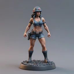 80mm resin detailed miniature of a very Muscular miner woman, helmet, hot-pants, stomach, navel, boots, Logo, textured base; Product Introduction Photos, 4K, view from front