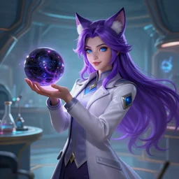 league of legends concept art beautiful young female scientist with neko ears holding spherical black hole in her hand, long purple hair, blue eyes, futuristic laboratory background interior, table with laboratory equipment, art by charles liu, perfect angle, fantasy style, soft lighting, vibrant color scheme, female portrait, ultra detailed, volumetric lighting, octane render, commission art, 8 k wallpaper