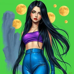 girl, very long black hair, blue latex pants and purple croptop, mars moons on acid green background. highly detailed, digital painting, watercolor, soviet realism, engraving, artstation, concept art, smooth, sharp focus, vivid grunge, manga, illustration, unreal engine 5, 8 k, art by bilibin and kilian eng and kuvshinov and malevich and