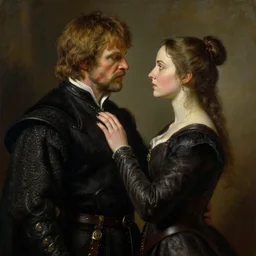 attractive fully clothed jaime lannister confesses his love for his attractive fully clothed brienne of tarth. highly detailed painting by gaston bussiere and j. c. leyendecker 8 k