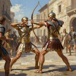 a highly detailed matte painting of a roman gladiator in a life and death duel with an archer a roman street, 1 0 0 ad, in the style of greg rutkowski and remedios varo, ultra realistic, detailed, intricate, full of color, 4 k, hyperrealistic, focused, extreme details, masterpiece
