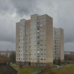 oil landscape painting of a tower block estate, grey skies and rain, high detail
