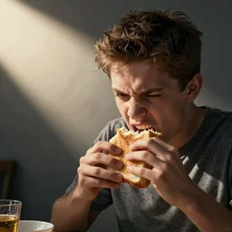 angrily eats bread
