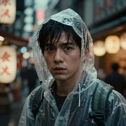 Kodak Portra 400, 8K, highly detailed, J.J Abrams style 3/4 extreme closeup portrait, clear eyes, focus on clear transparent raincoat terrified model, tilt shift h.r giger style background: famous blade runner remake, tokyo izakaya scene