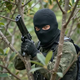 hiding in the bushes with a mask and a pistol grip, 4k digital art