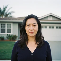 an analog portrait photograph of a woman outside hersuburban california house, portrait, zeiss 3 5 mm lens, kodak portra 4 0 0 film photography, photograph head and shoulders portrait