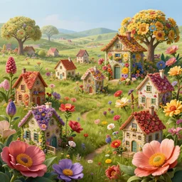 a hiper intricate 3 d artwork of a beatifull little houses made from big flowers in the serene field, intricate, highly detailed, digital painting, artstation, concept art, extremely detailed, sharp focus, octane render wide view, smooth, digital illustration, colorfull, by wlop, by hieronimus bosch