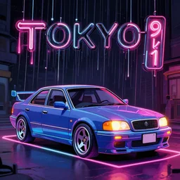 tokyo vaporwave porche 9 1 1 origamic neon signs raining, hyper realisitic