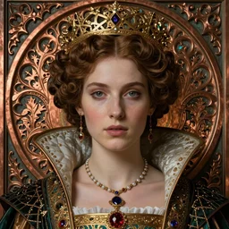 face centered portrait, artwork by james jean, hyperdetailed realistic, beautiful medieval queen, jean delville, art nouveau, gustav klimt, ornate copper patina gothic icon, james jean, ultrasharp hyperdetailed photorealistic octane render