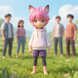 beautiful cute anime boy with pink hair and pink wolf ears and barefoot and hoodie and leggings under shorts in a grass field. character design by cory loftis, fenghua zhong, ryohei hase, ismail inceoglu and ruan jia. artstation, volumetric light, detailed, photorealistic, fantasy, rendered in octane