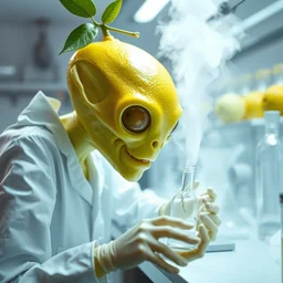 lemon alien, in a lab doing alien experiments on natural lemon, fantasy, highly detailed, white lab, modern alien lab mist