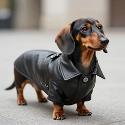 Dachshund wearing a leather coat