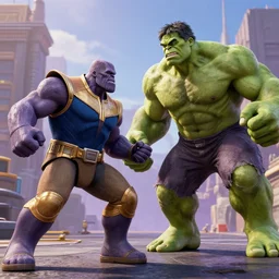 wide shot,Thanos fighting Maestro Hulk,photorealistic,HDR,8k