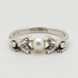 “thin sterling silver ring with two frogs, one long frog stretched out on the right and another stretched out on the left, holding a pearl in the middle, high quality product image”