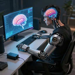 cyberpunk man siting before table, his brain connected to computer via brain interface, his mechanical arm detached and connected to charger, trending on artstation