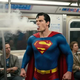 cinematic still of superman farted in subway