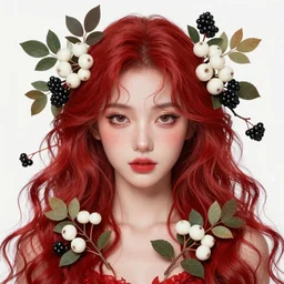 a wonderful crimson goddess, lots of branches, leaves and white berries of blackberries, wonderful eyes, symmetrical, fantasy, highly detailed, realistic, complex, fantasy, over - detailed, elegant, complex, dynamic lighting, hyperrealism, digital art, artstation, wlop, clear focus, illustrations by filipe pagliuso and justin gerard