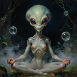 a neoclassicist close - up portrait of a big - eyed sci - fi alien woman meditating in a garden at night with glowing bubbles. reflective textures. glowing fog. highly detailed fantasy science fiction painting by moebius, norman rockwell, frank frazetta, and syd mead. rich colors, high contrast, gloomy atmosphere, dark background. artstation