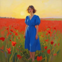 a painting of a woman in a blue dress standing in a field of red flowers by craig mullins, golden hour, trending on artstation, color field, concept art, artstation hd, matte drawing