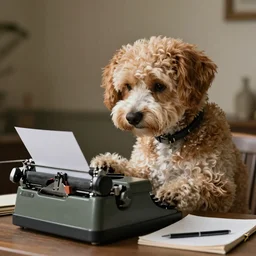 A humanoid dog writing a Story with a type writer