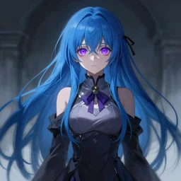 ''frederica bernkastel from umineko when they cry, long blue hair, purple eyes, creepy art, fantasy artwork, concept art, cinematic shot, ultra detailed, by popular digital, details, high resolution, 8 k, artstation digital paintting, 4 k''