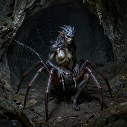 female half human half spider drider sitting on a spider web in a dark cave, ultra detailed, high fantasy, monster, creature design, dnd, dndbeyond, realistic, concept art, octane render, 8 k, moody lighting, muted colors, blue tone light, dramatic lighting, john singer sargent, matte painting