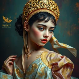 an intricate painting of a beautiful young ballerina covered in silk clothes with klimt golden motives and textures, hyper detailed, ornamental gold headpiece, octane render, vivid colors, artstation, by jeremy mann, by alphonse mucha, by boris vallejo