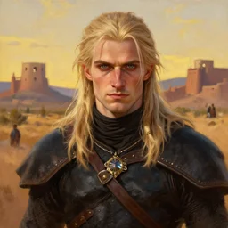 portrait of geralt, blonde, new mexico background painted by james gurney, greg rutkowski, by craig mullins, frederic leighton, very romantic, beautiful textures, golden hour lighting