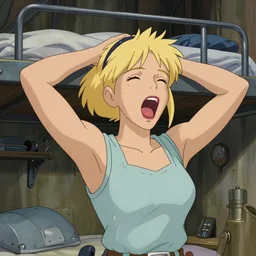 Character portrait of a tank top-clad blonde female airship mechanic stretching and yawning in her cramped bunk, steampunk, defined facial features, highly detailed, illustration, Studio Ghibli film still, by Ilya Kuvshinov and Alphonse Mucha