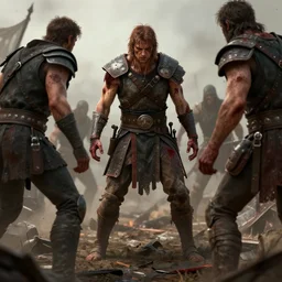 aesthetic digital illustration of a defeated male warrior surrendering to the enemy, by anne stokes | dirty and bloody, battlefield, character concept, concept art, unreal engine, finalrender, centered, deviantart, artgerm