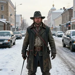 arthur from rdr 2 in russia reality nowadays at tolyatti sportivnaia street, cars, snow, buildings photorealism