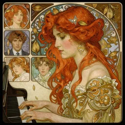 realistic detailed face portrait of Elesky, a young redhaired woman playing the piano, by Alphonse Mucha, Ayami Kojima, Amano, Charlie Bowater, Karol Bak, Greg Hildebrandt, Jean Delville, and Mark Brooks, Art Nouveau, Neo-Gothic, gothic, rich deep moody colors The seeds for each individual image are: [2494430636, 1032106751, 2063300223, 3127318783, 2806927615, 1614572159, 3237315913]